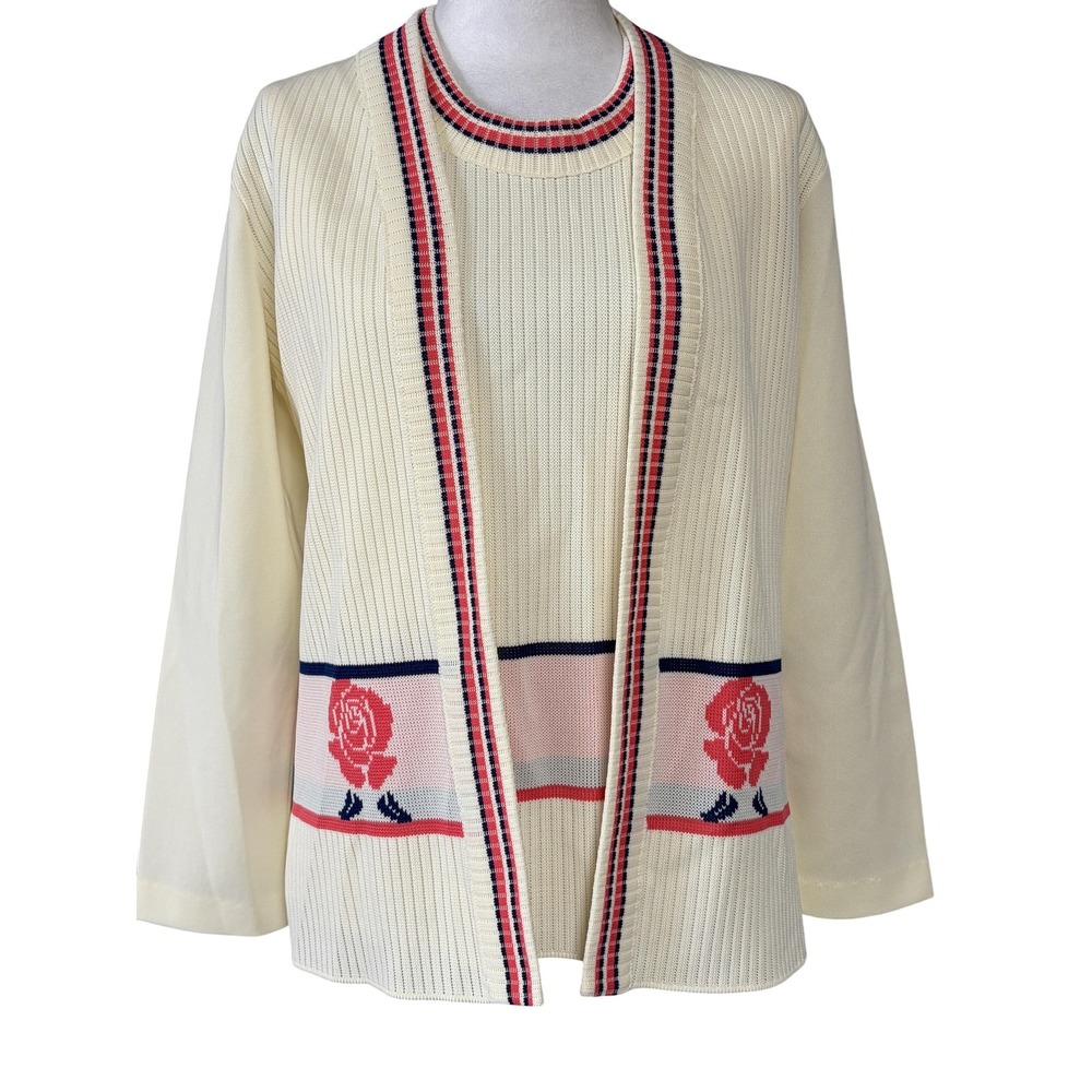 Manicotti Knits Women's S Ivory Rose Floral Twinset Cardigan & Shell Sweater Set